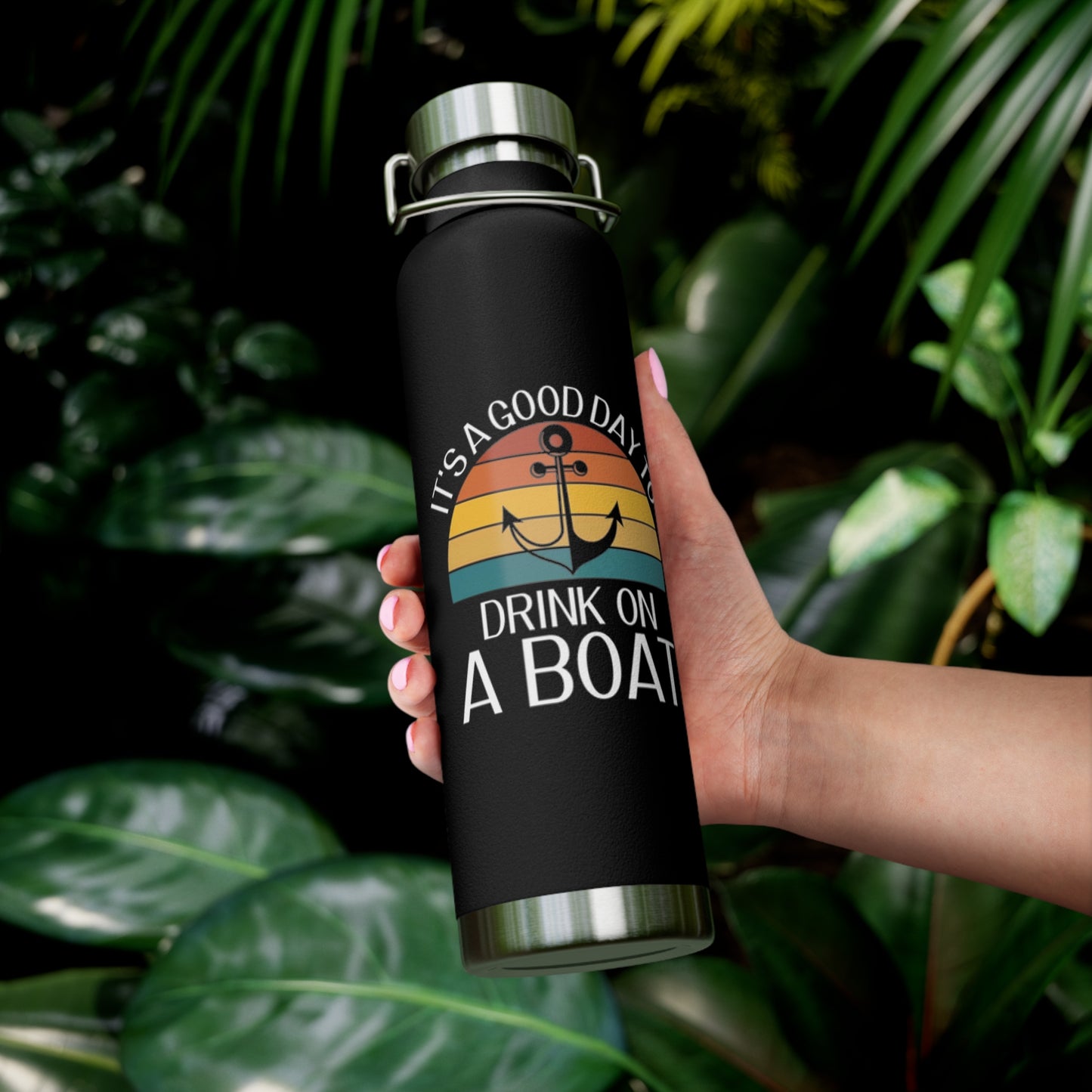 It's a Good Day to Drink on a Boat/ Black - Copper Vacuum Insulated Bottle, 22oz